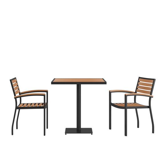 Lark Indoor/Outdoor 3 Piece Patio Dining Table Set - 30" Square Faux Teak Table & 2 Stacking Club Chairs with Teak Accented Arms  XU-DG-104560062-GG