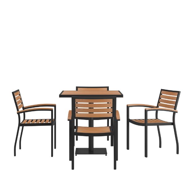 Lark Indoor/Outdoor 5 Piece Patio Dining Table Set - 30" Square Faux Teak Table & 4 Stacking Club Chairs with Teak Accented Arms XU-DG-104560064-GG