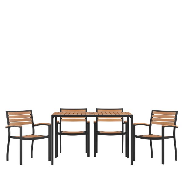 Lark 5 Piece Outdoor Dining Table Set - Synthetic Teak Poly Slats - 30" x 48" Steel Framed Table with Umbrella Hole-4 Club Chairs XU-DG-304860064-GG