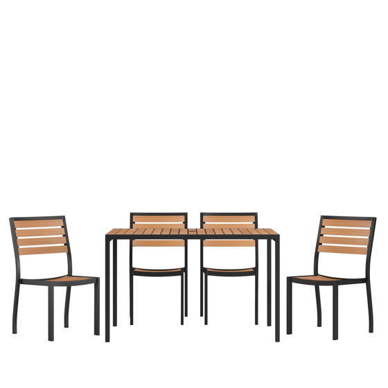 Lark 5 Piece Patio Table Set - Synthetic Teak Poly Slats - 30" x 48" Steel Framed Table with 4 Stackable Faux Teak Chairs XU-DG-304860364-GG