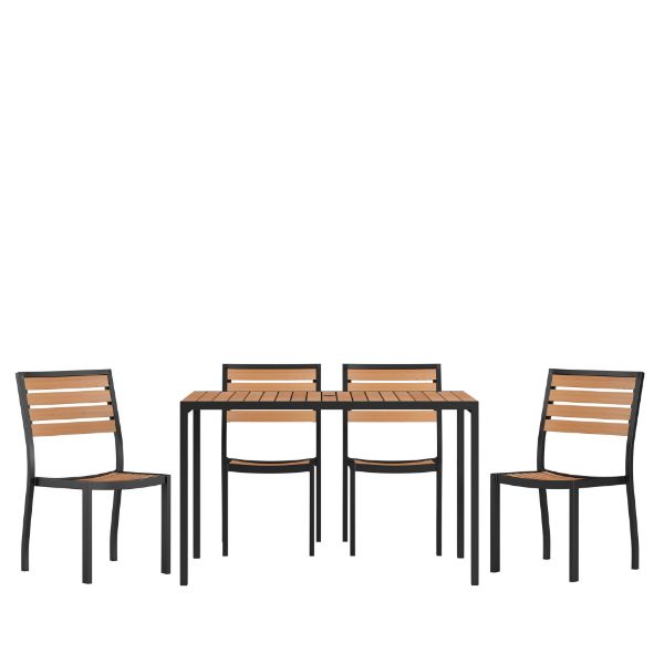 Lark 5 Piece Patio Table Set - Synthetic Teak Poly Slats - 30" x 48" Steel Framed Table with 4 Stackable Faux Teak Chairs XU-DG-304860364-GG