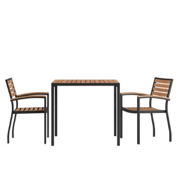 Lark 3 Piece Outdoor Dining Table Set - Synthetic Teak Poly Slats - 35" Square Steel Framed Table - Umbrella Hole - 2 Club Chairs XU-DG-810060062-GG Lark 3 Piece Outdoor Dining Table Set - Synthetic Teak Poly Slats - 35" Square Steel Framed Table - Umbrella Hole - 2 Club Chairs XU-DG-810060062-GG