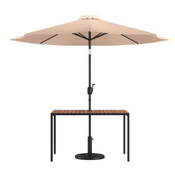 Lark 3 Piece Outdoor Patio Table Set - 30" x 48" Square Synthetic Teak Patio Table with Tan Umbrella and Base XU-DG-UH3048-UB19BTN-GG Lark 3 Piece Outdoor Patio Table Set - 30" x 48" Square Synthetic Teak Patio Table with Tan Umbrella and Base XU-DG-UH3048-UB19BTN-GG