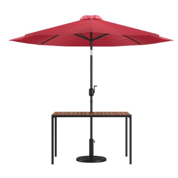 Lark 3 Piece Outdoor Patio Table Set - 30" x 48" Synthetic Teak Patio Table with Red Umbrella and Base XU-DG-UH3048-UB19BRD-GG Lark 3 Piece Outdoor Patio Table Set - 30" x 48" Synthetic Teak Patio Table with Red Umbrella and Base XU-DG-UH3048-UB19BRD-GG
