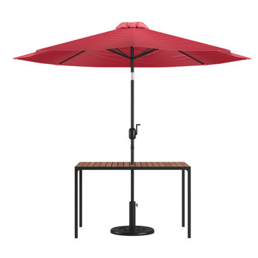 Lark 3 Piece Outdoor Patio Table Set - 30" x 48" Synthetic Teak Patio Table with Red Umbrella and Base XU-DG-UH3048-UB19BRD-GG