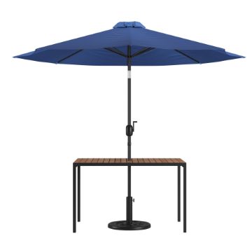 Lark 3 Piece Outdoor Patio Table Set - 30" x 48" Synthetic Teak Patio Table with Navy Umbrella and Base XU-DG-UH3048-UB19BNV-GG Lark 3 Piece Outdoor Patio Table Set - 30" x 48" Synthetic Teak Patio Table with Navy Umbrella and Base XU-DG-UH3048-UB19BNV-GG
