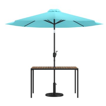 Lark 3 Piece Outdoor Patio Table Set - 30" x 48" Synthetic Teak Patio Table with Teal Umbrella and Base XU-DG-UH3048-UB19BTL-GG Lark 3 Piece Outdoor Patio Table Set - 30" x 48" Synthetic Teak Patio Table with Teal Umbrella and Base XU-DG-UH3048-UB19BTL-GG
