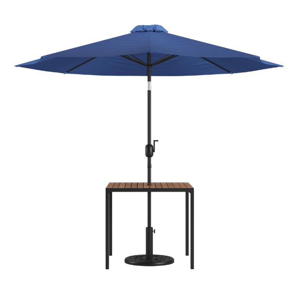 Lark 3 Piece Outdoor Patio Table Set - 35" Square Synthetic Teak Patio Table with Navy Umbrella and Base XU-DG-UH8100-UB19BNV-GG