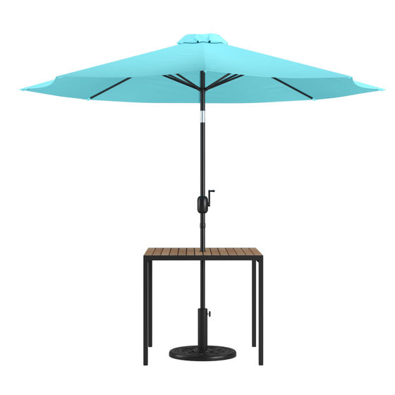 Lark 3 Piece Outdoor Patio Table Set - 35" Square Synthetic Teak Patio Table with Teal Umbrella and Base XU-DG-UH8100-UB19BTL-GG