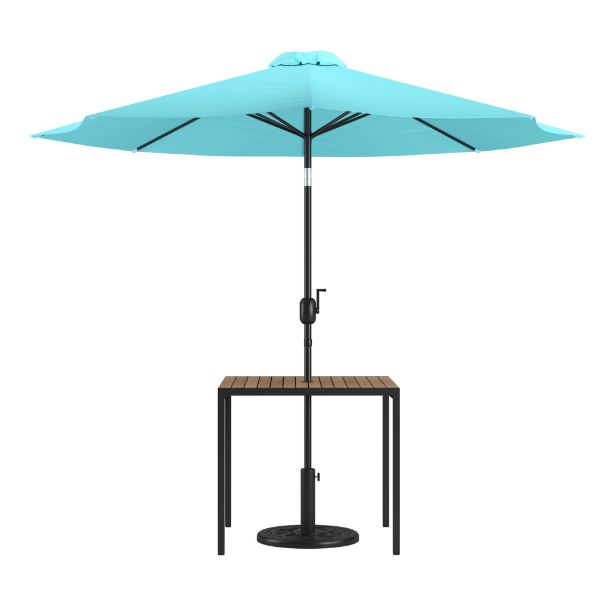 Lark 3 Piece Outdoor Patio Table Set - 35" Square Synthetic Teak Patio Table with Teal Umbrella and Base XU-DG-UH8100-UB19BTL-GG
