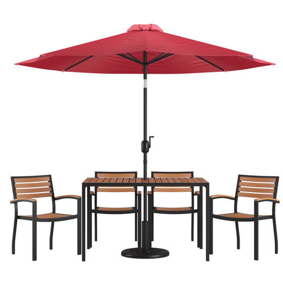 Lark 7 Piece Outdoor Patio Dining Table Set with 4 Synthetic Teak Stackable Chairs, 30" x 48" Table, Red Umbrella & Base XU-DG-304860064-UB19BRD-GG