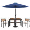 Lark 7 Piece Outdoor Patio Dining Table Set with 4 Synthetic Teak Stackable Chairs, 30" x 48" Table, Navy Umbrella & Base XU-DG-304860064-UB19BNV-GG