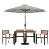 Lark 7 Piece Outdoor Patio Dining Table Set with 4 Synthetic Teak Stackable Chairs, 30" x 48" Table, Gray Umbrella & Base XU-DG-304860064-UB19BGY-GG