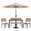 Lark 7 Piece All-Weather Deck or Patio Set - 4 Stacking Faux Teak Chairs, 30" x 48" Faux Teak Table, Tan Umbrella & Base XU-DG-304860364-UB19BTN-GG