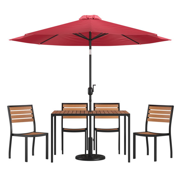 Lark 7 Piece All-Weather Deck or Patio Set - 4 Stacking Faux Teak Chairs, 30" x 48" Faux Teak Table, Red Umbrella & Base XU-DG-304860364-UB19BRD-GG