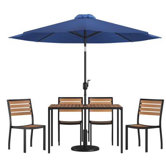 Lark 7 Piece All-Weather Deck or Patio Set - 4 Stacking Faux Teak Chairs, 30" x 48" Faux Teak Table, Navy Umbrella & Base 