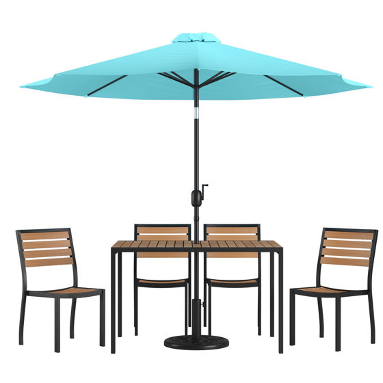 Lark 7 Piece All-Weather Deck or Patio Set - 4 Stacking Faux Teak Chairs, 30" x 48" Faux Teak Table, Teal Umbrella & Base XU-DG-304860364-UB19BTL-GG