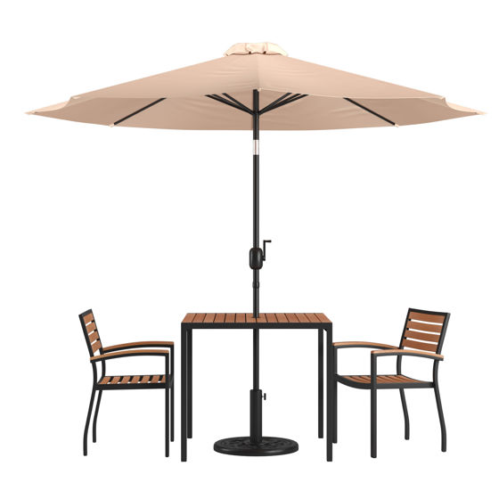 Lark 5 Piece Outdoor Patio Table Set with 2 Synthetic Teak Stackable Chairs, 35" Square Table, Tan Umbrella & Base  XU-DG-810060062-UB19BTN-GG