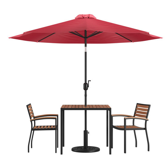 Lark 5 Piece Outdoor Patio Table Set with 2 Synthetic Teak Stackable Chairs, 35" Square Table, Red Umbrella & Base XU-DG-810060062-UB19BRD-GG