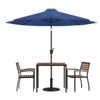 Lark 5 Piece Outdoor Patio Table Set with 2 Synthetic Teak Stackable Chairs, 35" Square Table, Navy Umbrella & Base XU-DG-810060062-UB19BNV-GG