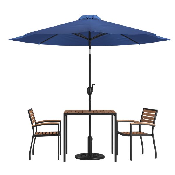 Lark 5 Piece Outdoor Patio Table Set with 2 Synthetic Teak Stackable Chairs, 35" Square Table, Navy Umbrella & Base XU-DG-810060062-UB19BNV-GG