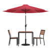 Lark 5 Piece All-Weather Deck or Patio Set - 2 Stacking Faux Teak Chairs, 35" Square Faux Teak Table, Red Umbrella & Base XU-DG-810060362-UB19BRD-GG