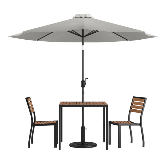 Lark 5 Piece All-Weather Deck or Patio Set-2 Stacking Faux Teak Chairs, 35" Square Faux Teak Table, Gray Umbrella & Base XU-DG-810060362-UB19BGY-GG