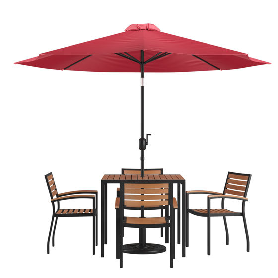 Lark 7 Piece Outdoor Patio Table Set with 4 Synthetic Teak Stackable Chairs, 35" Square Table, Red Umbrella & Base XU-DG-810060064-UB19BRD-GG