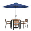 Lark 7 Piece Outdoor Patio Table Set with 4 Synthetic Teak Stackable Chairs, 35" Square Table, Navy Umbrella & Base XU-DG-810060064-UB19BNV-GG