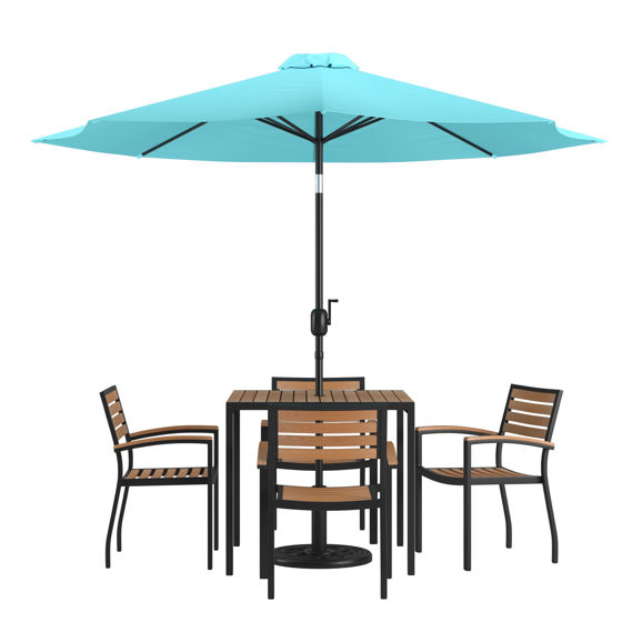 Lark 7 Piece Outdoor Patio Dining Table Set - 4 Synthetic Teak Stackable Chairs, 35" Square Table, Teal Umbrella & Base XU-DG-810060064-UB19BTL-GG
