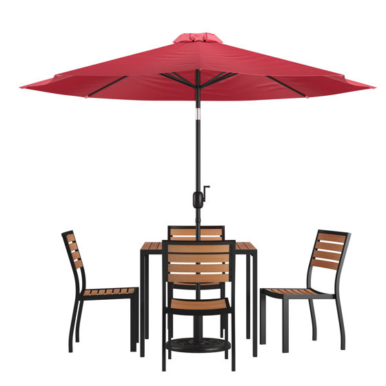 Lark 7 Piece All-Weather Deck or Patio Set - 4 Stacking Faux Teak Chairs, 35" Square Faux Teak Table, Red Umbrella & Base SKU: XU-DG-810060364-UB19BRD-GG