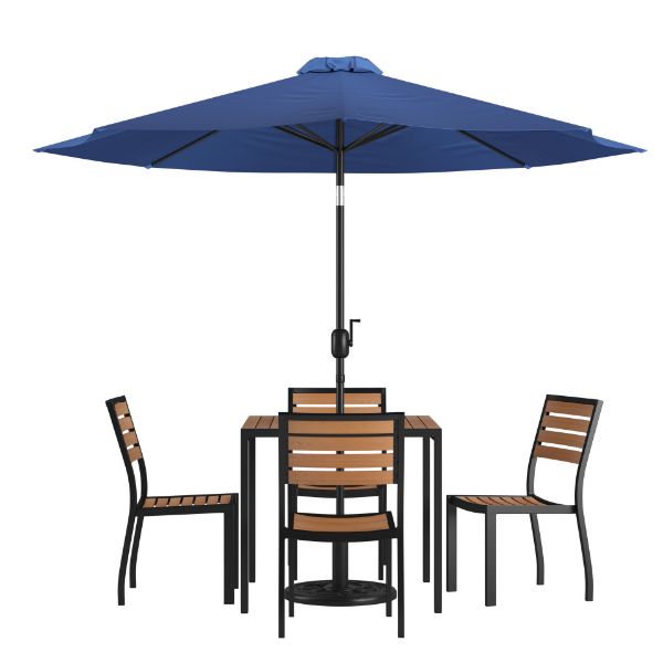 Lark 7 Piece All-Weather Deck or Patio Set-4 Stacking Faux Teak Chairs, 35" Square Faux Teak Table, Navy Umbrella & Base XU-DG-810060364-UB19BNV-GG