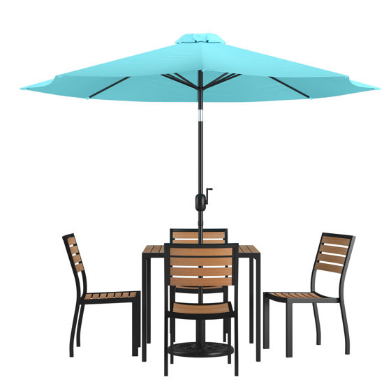 Lark 7 Piece All-Weather Deck or Patio Set-4 Stacking Faux Teak Chairs, 35" Square Faux Teak Table, Teal Umbrella & Base XU-DG-810060364-UB19BTL-GG