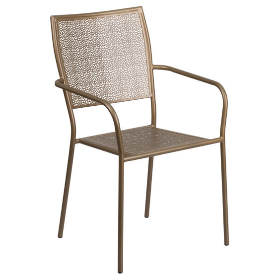 Oia Commercial Grade Gold Indoor-Outdoor Steel Patio Arm Chair with Square Back CO-2-GD-GG