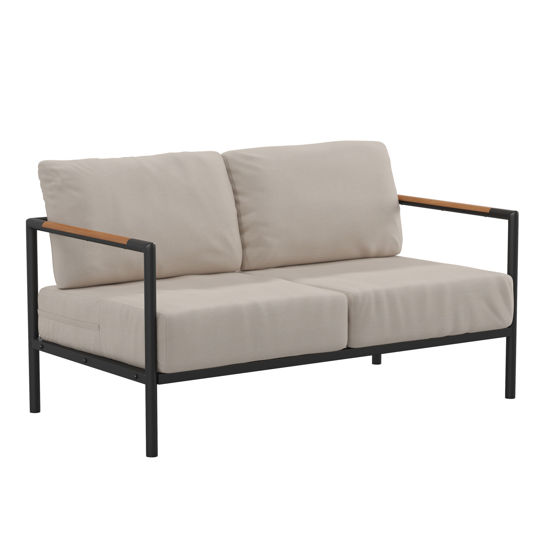 Lea Indoor/Outdoor Patio Loveseat with Cushions-Modern Aluminum Framed Loveseat with Teak Accent Arms, Black with Beige Cushions GM-201027-2S-GY-GG 