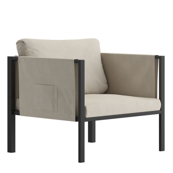 Lea Indoor/Outdoor Patio Chair with Cushions - Modern Steel Framed Chair with Storage Pockets, Black with Beige Cushions GM-201108-1S-GY-GG