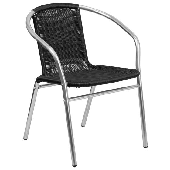Lila Commercial Aluminum and Black Rattan Indoor-Outdoor Restaurant Stack Chair TLH-020-BK-GG