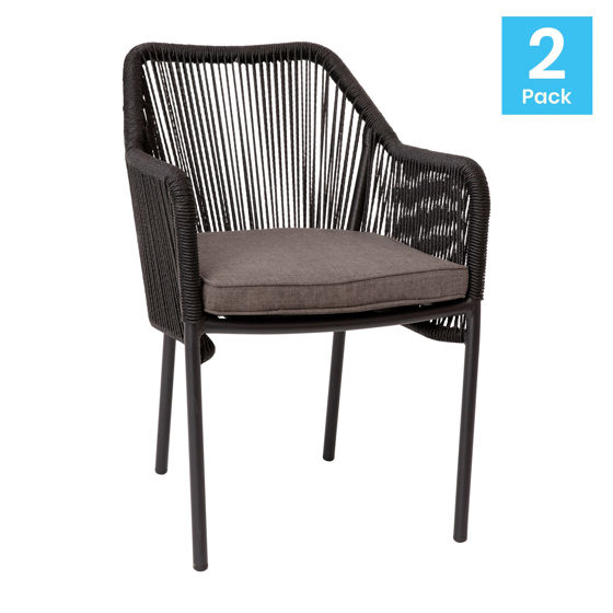 Kallie Set of 2 All-Weather Black Woven Stacking Club Chairs with Rounded Arms & Gray Zippered Seat Cushions SDA-AD892006-BK-2-GG