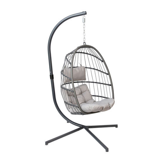 Cleo Patio Hanging Egg Chair, Wicker Hammock with Soft Seat Cushions & Swing Stand, Indoor/Outdoor Gray Frame-Gray Cushions SDA-AD608001-GY-GG