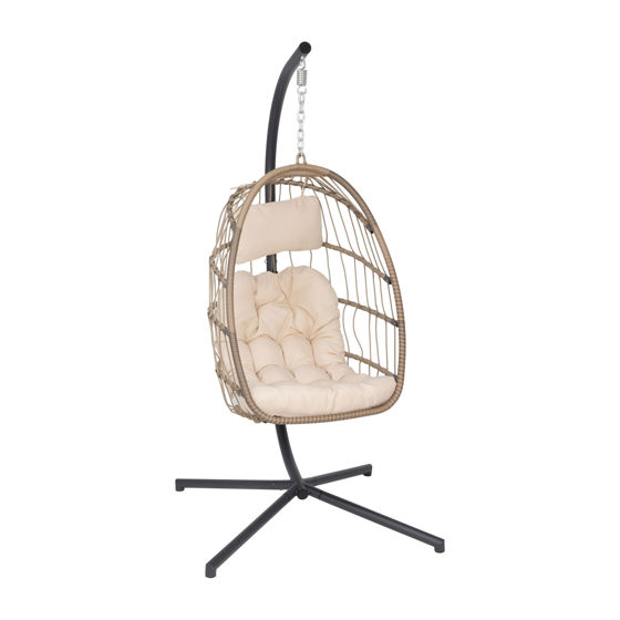 Cleo Patio Hanging Egg Chair, Wicker Hammock with Soft Seat Cushions & Swing Stand, Indoor/Outdoor Natural Frame-Cream Cushions SDA-AD608001-NAT-GG