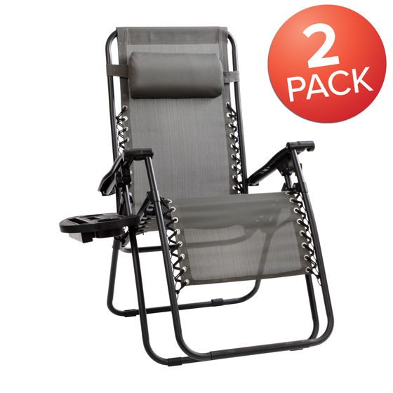 Adjustable Folding Mesh Zero Gravity Reclining Lounge Chair with Pillow and Cup Holder Tray in Gray, Set of 2 2-GM-103122SS-GR-GG