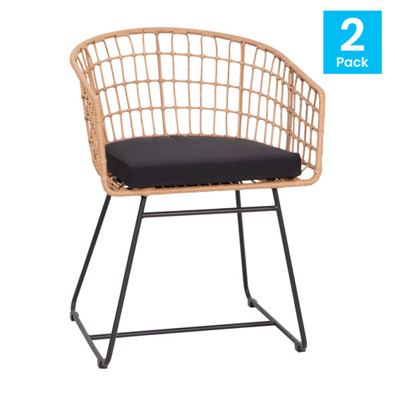 Devon Set of 2 Indoor/Outdoor Patio Boho Club Chairs, Rope with Natural PE Wicker Rattan, Black Cushions and Sled Base TW-VN015-15-NAT-GG