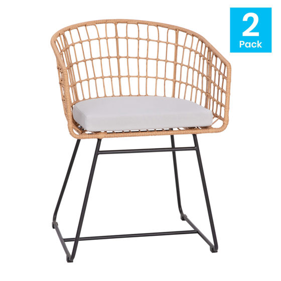 Devon Set of 2 Indoor/Outdoor Patio Boho Club Chairs, Rope with Natural PE Wicker Rattan, Light Gray Cushions and Sled Base TW-VN015-15-NAT-LGY-GG