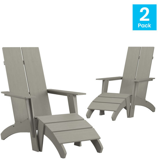 Set of 2 Sawyer Modern All-Weather Poly Resin Wood Adirondack Chairs with Foot Rests in Gray 2-JJ-C14509-14309-GY-GG