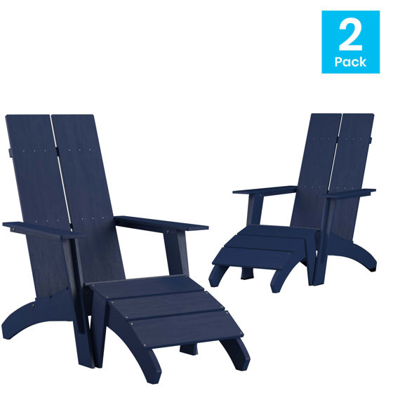 Set of 2 Sawyer Modern All-Weather Poly Resin Wood Adirondack Chairs with Foot Rests in Navy 2-JJ-C14509-14309-NV-GG