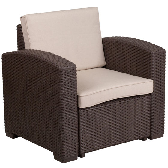 Seneca Chocolate Brown Faux Rattan Chair with All-Weather Beige Cushion DAD-SF1-1-GG
