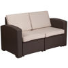 Seneca Chocolate Brown Faux Rattan Loveseat with All-Weather Beige Cushions DAD-SF1-2-GG