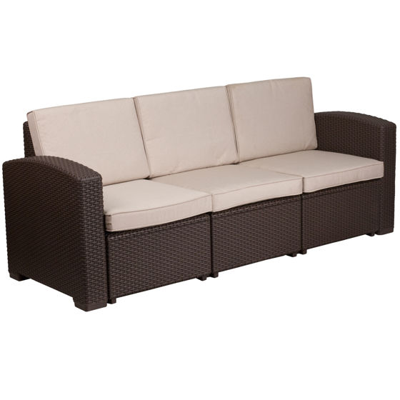 Seneca Chocolate Brown Faux Rattan Sofa with All-Weather Beige Cushions DAD-SF1-3-GG