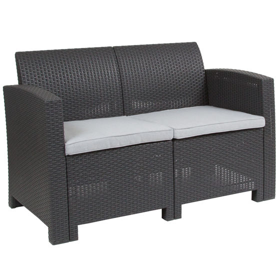 Seneca Dark Gray Faux Rattan Loveseat with All-Weather Seneca Light Gray Cushions DAD-SF2-2-DKGY-GG