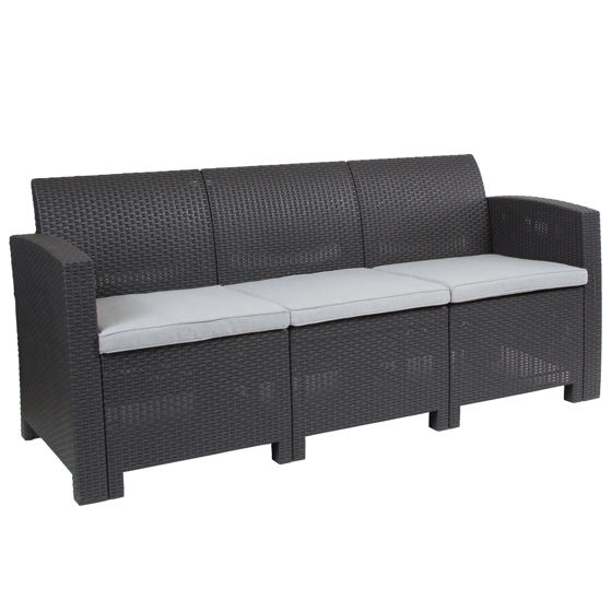 Seneca Dark Gray Faux Rattan Sofa with All-Weather Seneca Light Gray Cushions DAD-SF2-3-DKGY-GG